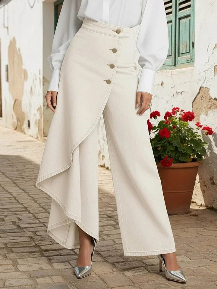 Women's Denim Wide Leg Ruffle Skirt Overlay Jeans High Waisted Trousers