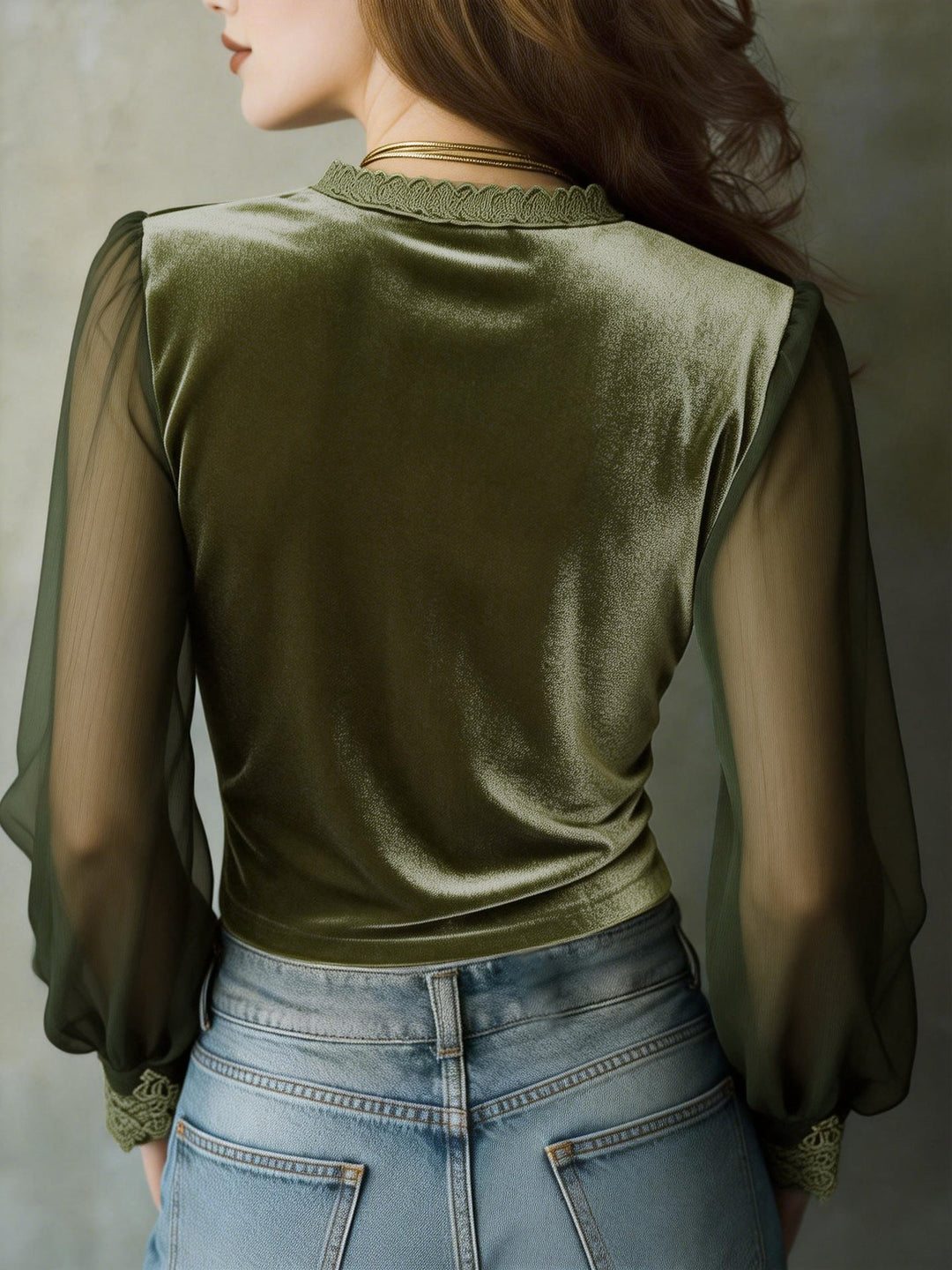 Women's Velvet V Neck Long Sleeve Lace Panel Blouse Top