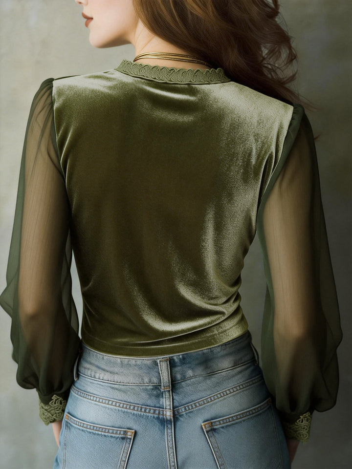 Women's Velvet V Neck Long Sleeve Lace Panel Blouse Top