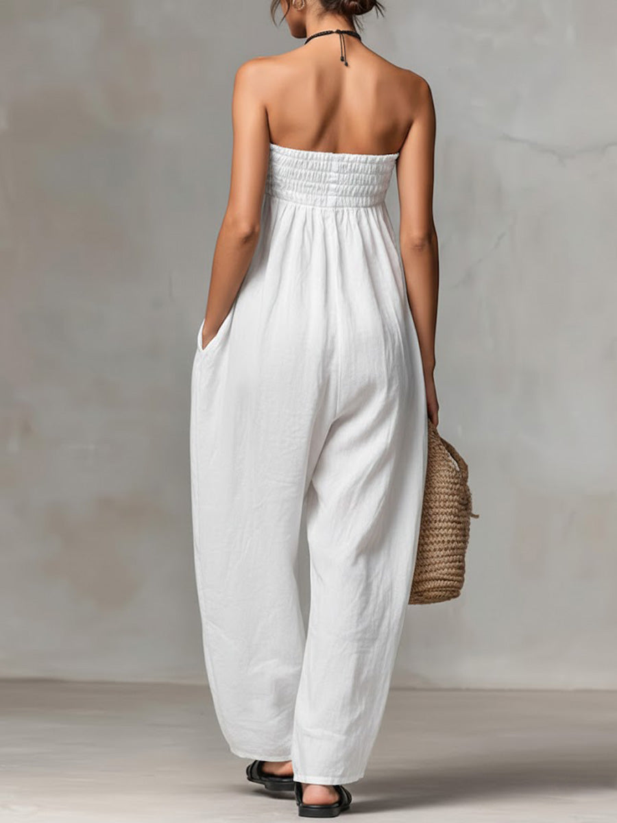 Women's Linen Strapless Wide Leg Jumpsuit