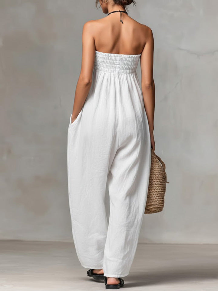 Women's Linen Strapless Wide Leg Jumpsuit