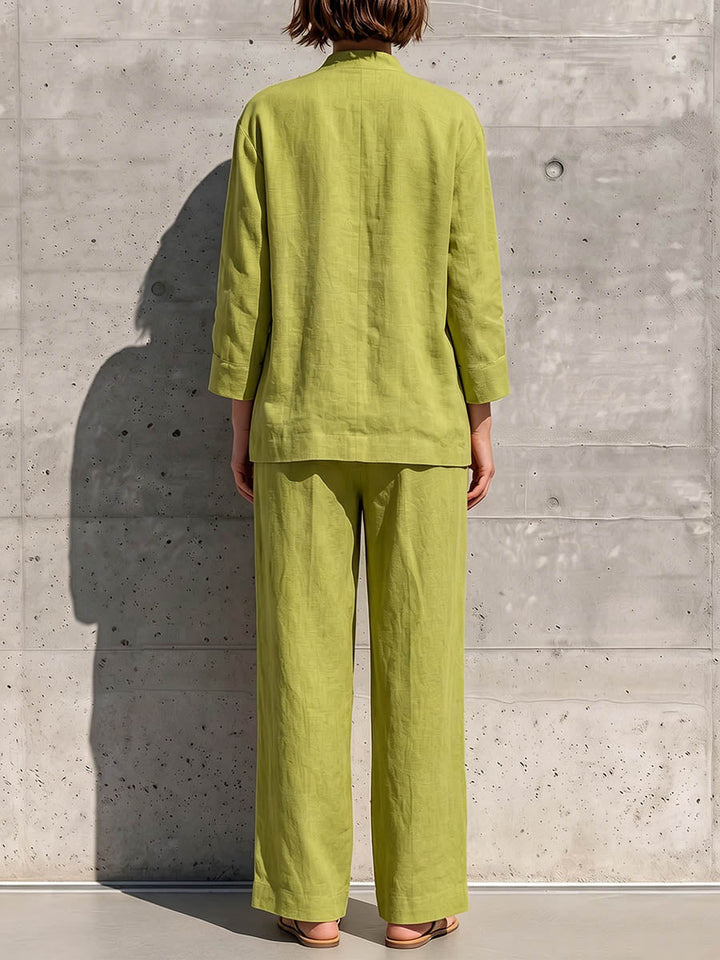 Women's Linen Two Piece Set Long Sleeve Shirt Wide Leg Pants
