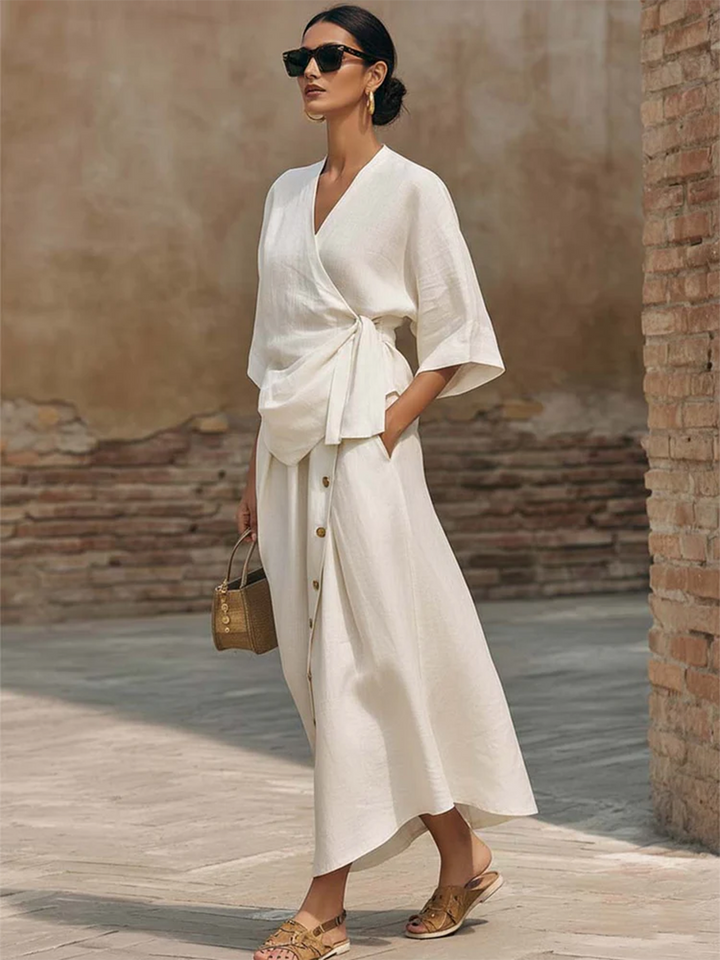 Women's Linen Wrap Top and Skirt Two Piece Set