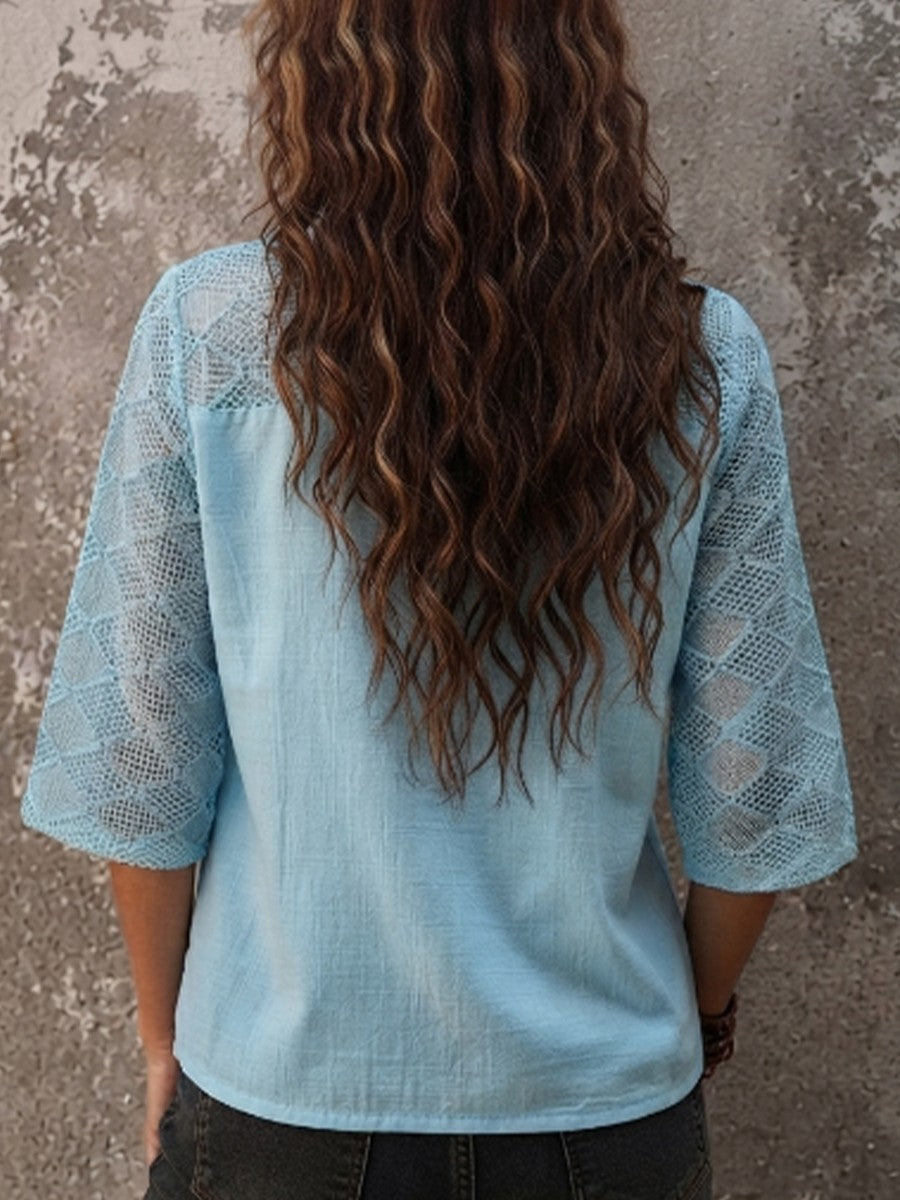 Dámská lněná halenka Boho s výstřihem do V, 3/4 rukávy, volný střih tuniky