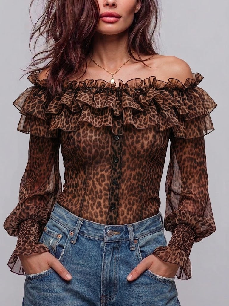 Women's Off Shoulder Chiffon Blouse Leopard Print Ruffle Mesh Top