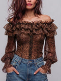 Women's Off Shoulder Chiffon Blouse Leopard Print Ruffle Mesh Top