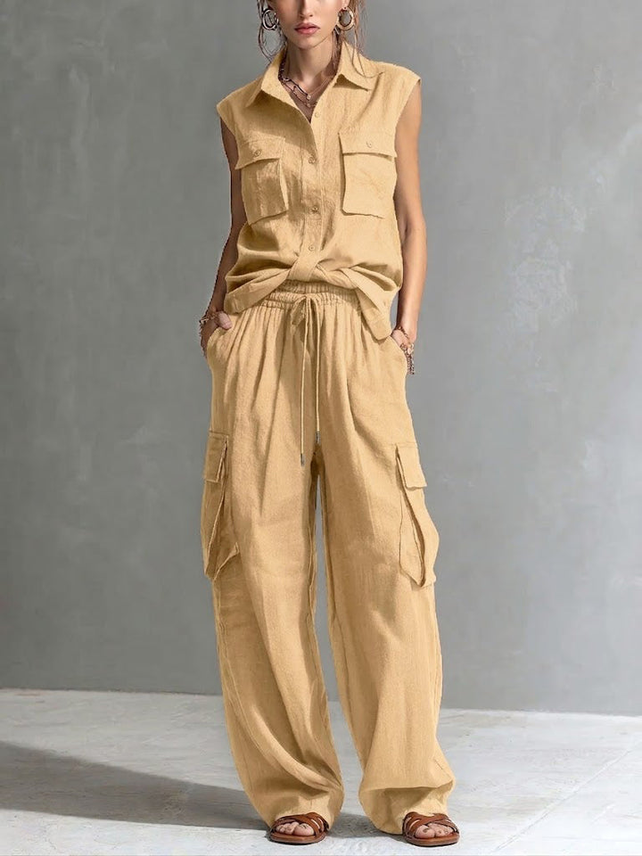 Linen Two Piece Cargo Set Women's Sleeveless Shirt and Wide Leg Trousers Co-ord