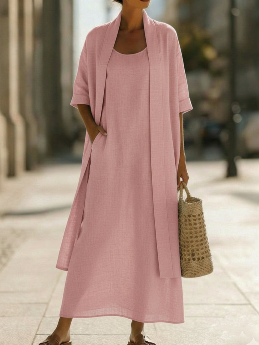 Women's Linen Maxi Dress and Cardigan Two Piece Set