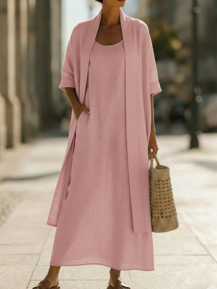 Women's Linen Maxi Dress and Cardigan Two Piece Set