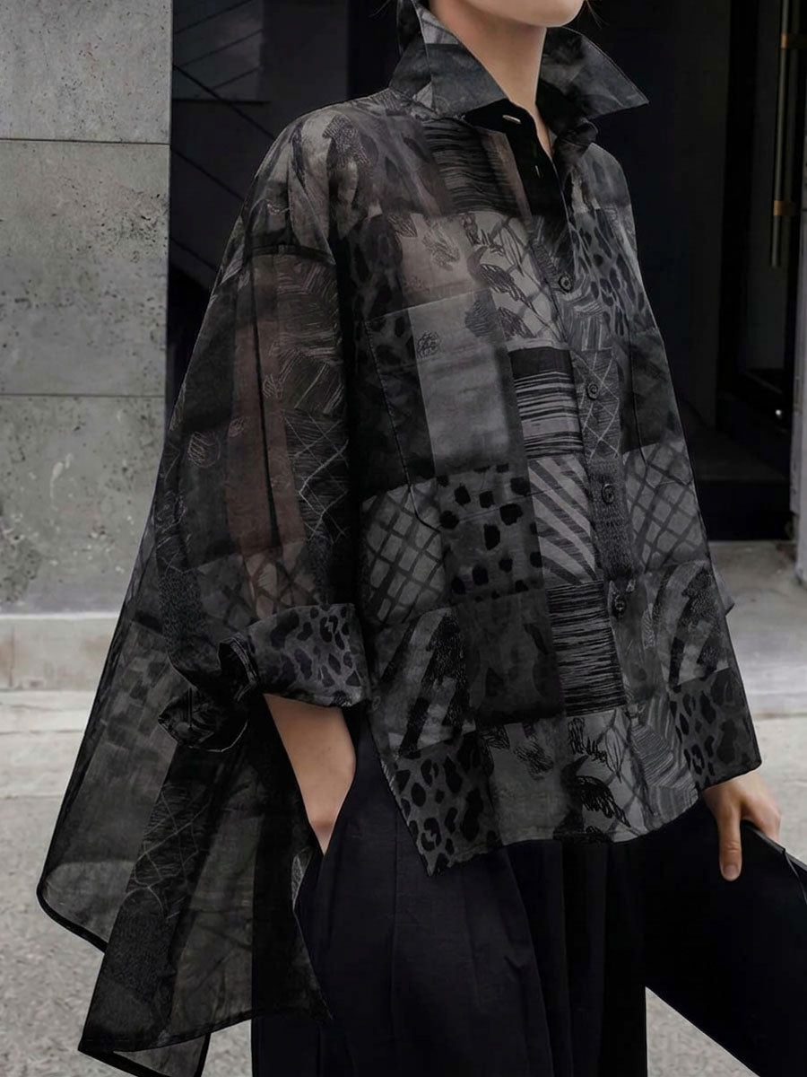 Women's Linen Blouse Sheer Patchwork Button Up Oversized High Low Shirt