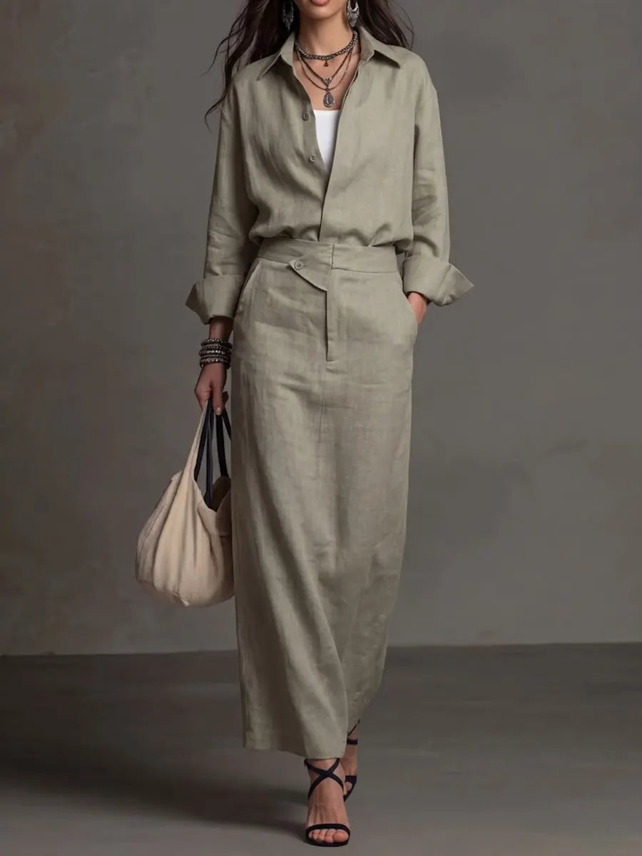 Women's Two Piece Linen Shirt and Maxi Skirt Set Long Sleeve Casual Outfit