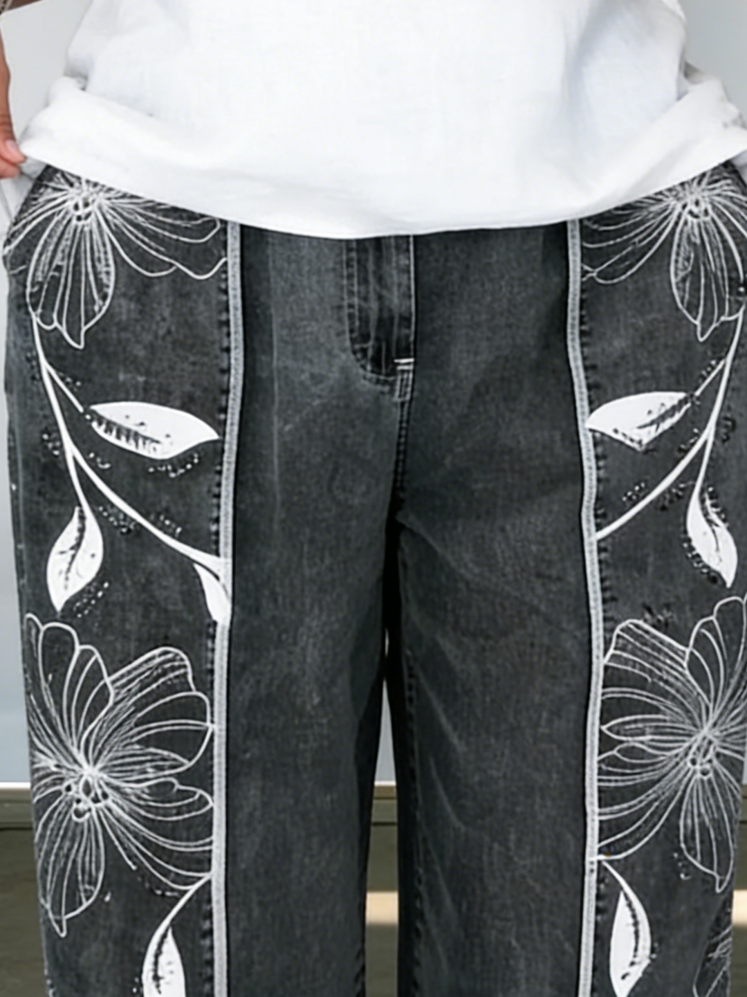 Women's Floral Embroidered Denim Wide Leg Jeans Linen Blend Pants