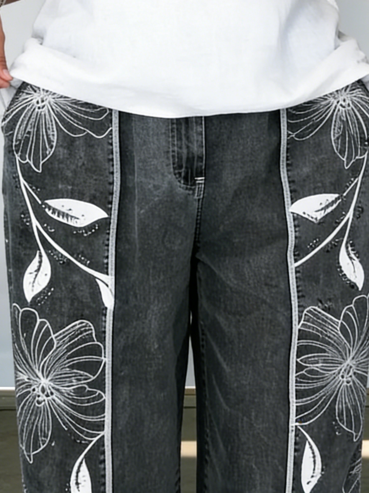 Women's Floral Embroidered Denim Wide Leg Jeans Linen Blend Pants