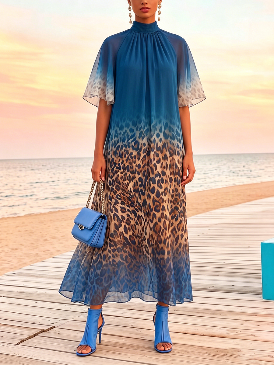 Women's Short Sleeve Mock Neck Loose-Fit Leopard Print Chiffon Maxi Dress