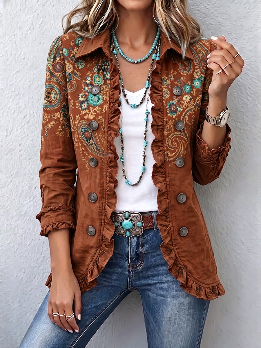 Women's Linen Blend Boho Embroidered Ruffle Shirt Jacket