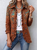 Women's Linen Blend Boho Embroidered Ruffle Shirt Jacket
