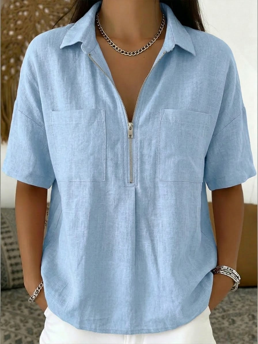 Women's Linen Blend Short Sleeve Zip Collar Polo Shirt