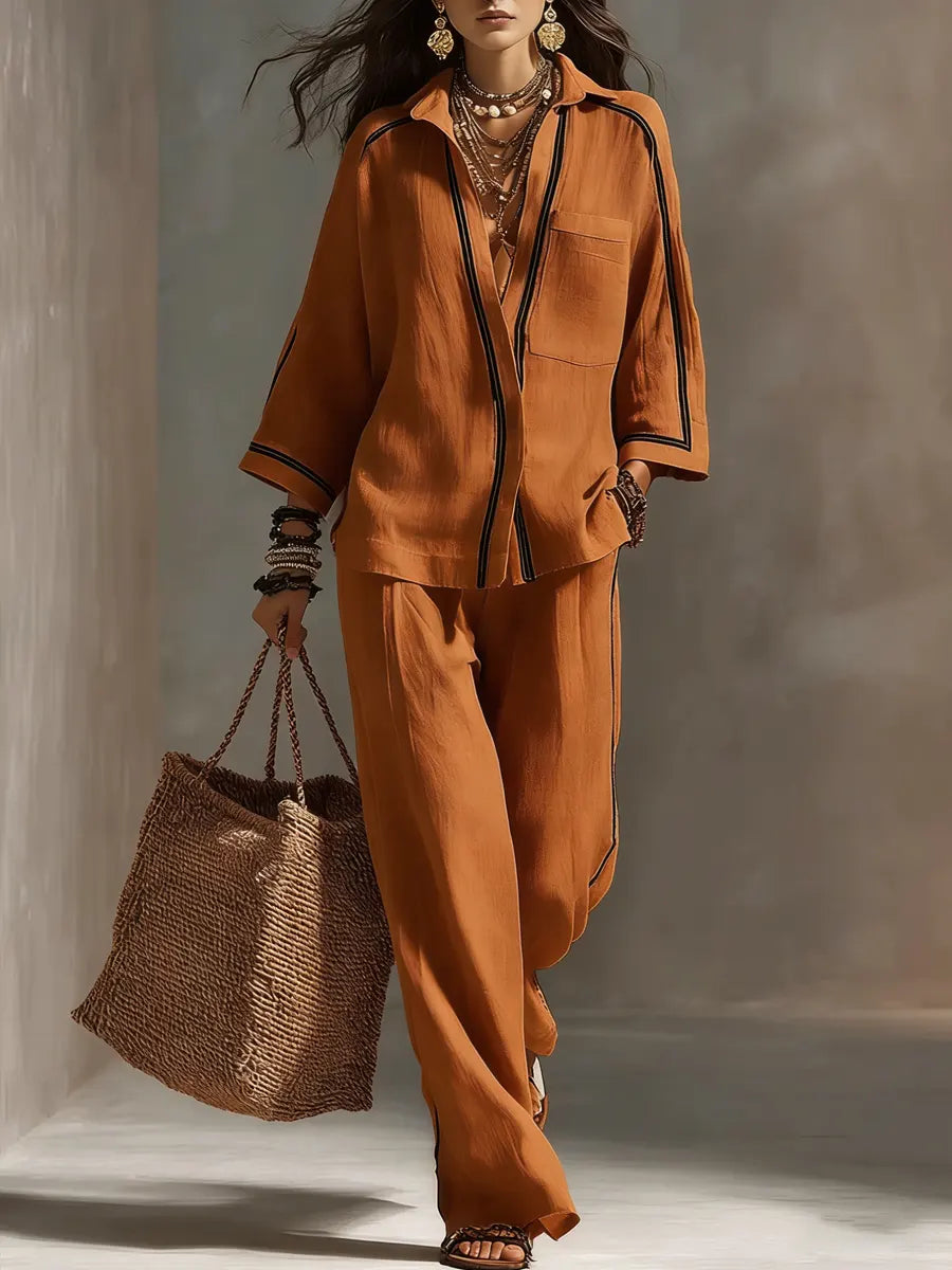 Women's Linen Two Piece Set Wide Leg Trouser Suit Casual Outfit