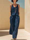 Linen Sleeveless Wide Leg Jumpsuit for Women