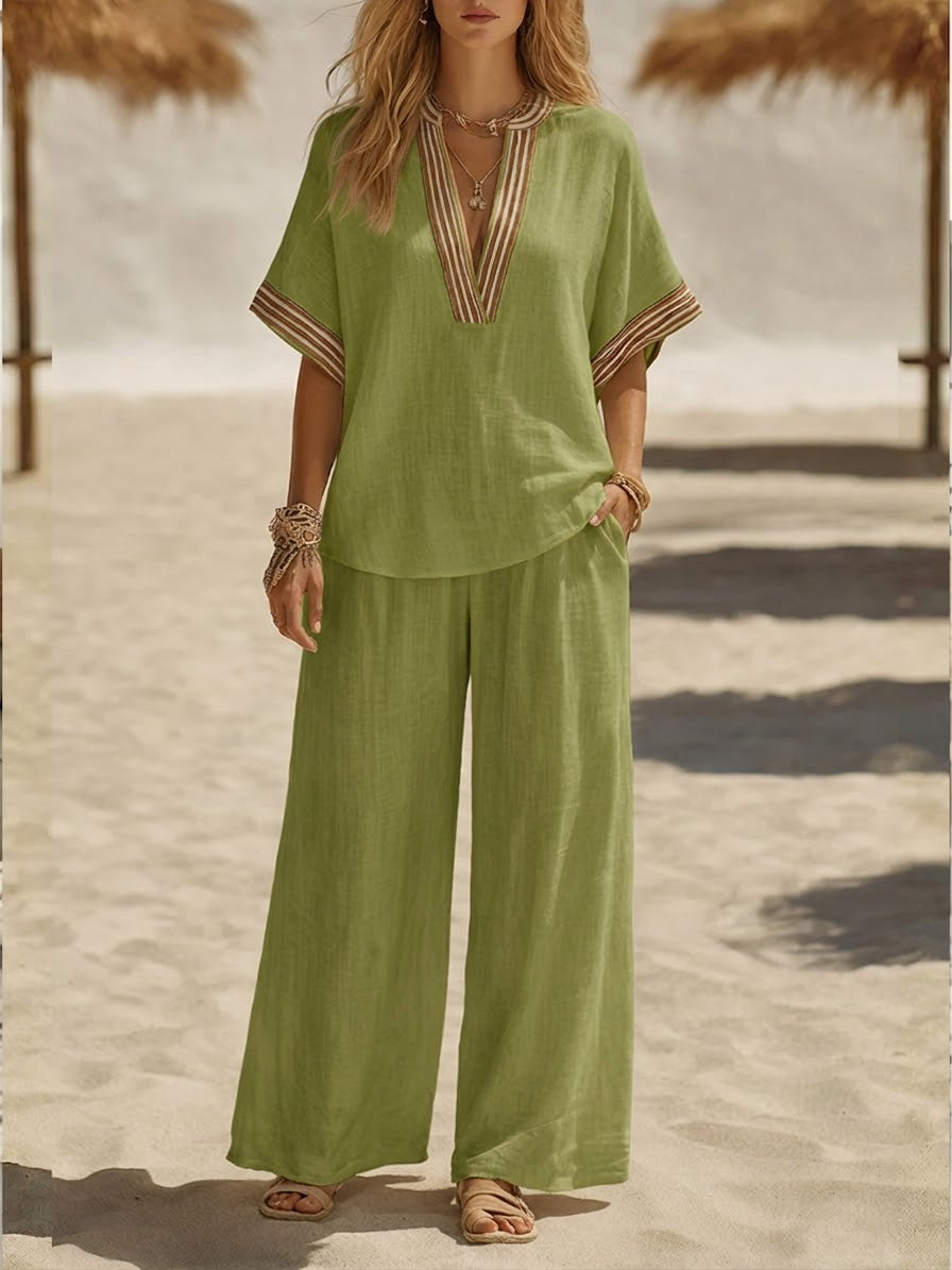 Women's Linen Two Piece Set Wide Leg Trousers and V Neck Top Co-ord