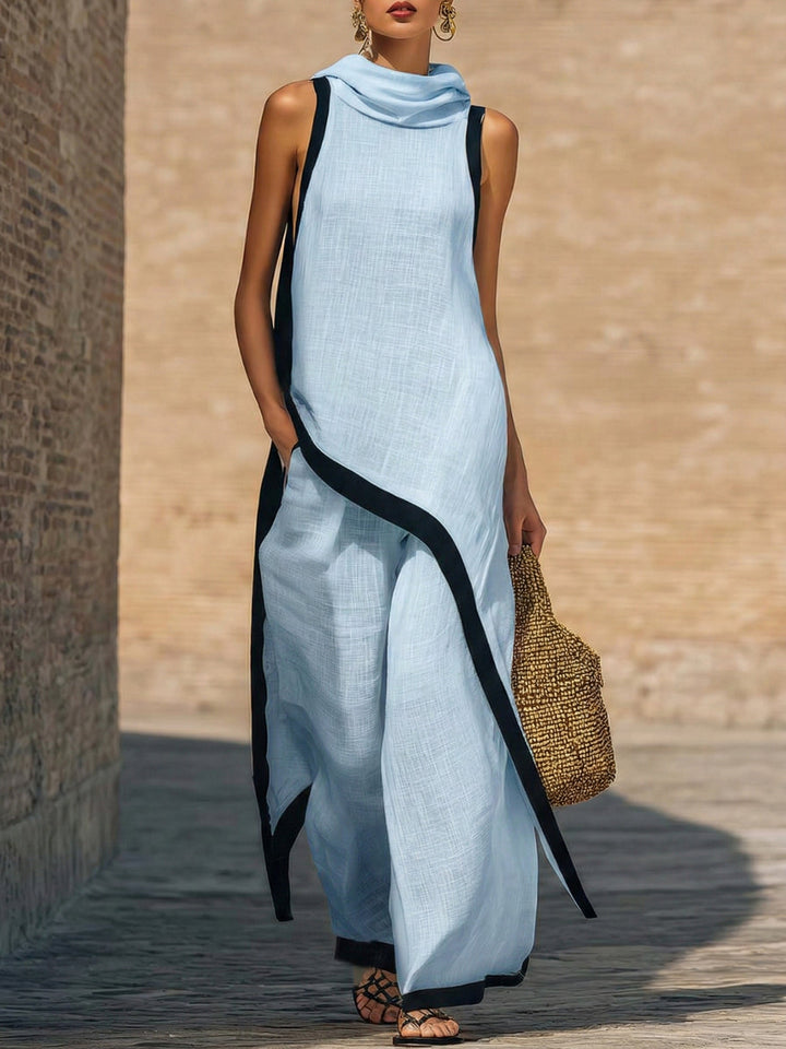 Women's Linen Sleeveless Hooded Knit Maxi Dress Two Piece Set