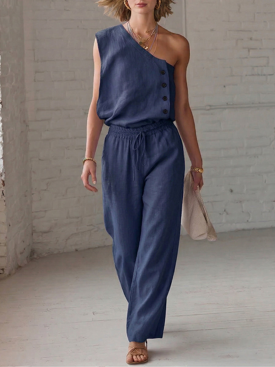Women's Linen Two Piece Set One Shoulder Top and Wide Leg Trousers
