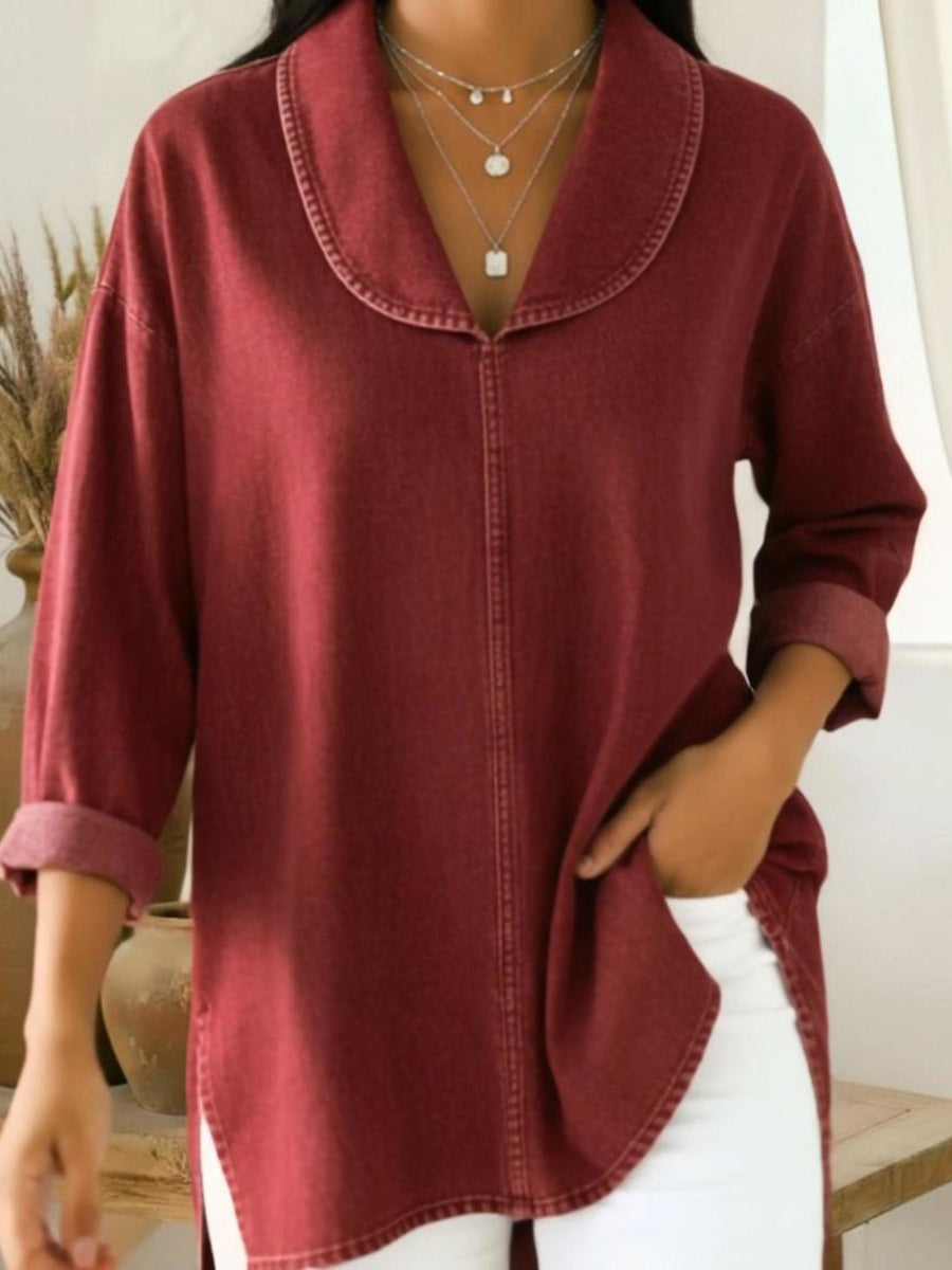 Women's Knit Shawl Collar Long Sleeve Blouse Tunics