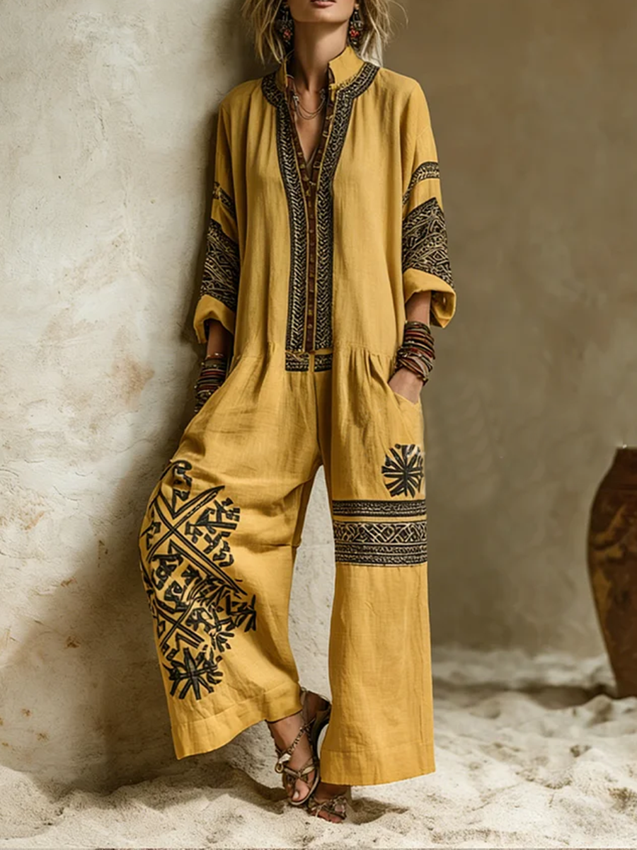 Women's Linen Embroidered Wide Leg Jumpsuit and Long Vest Set