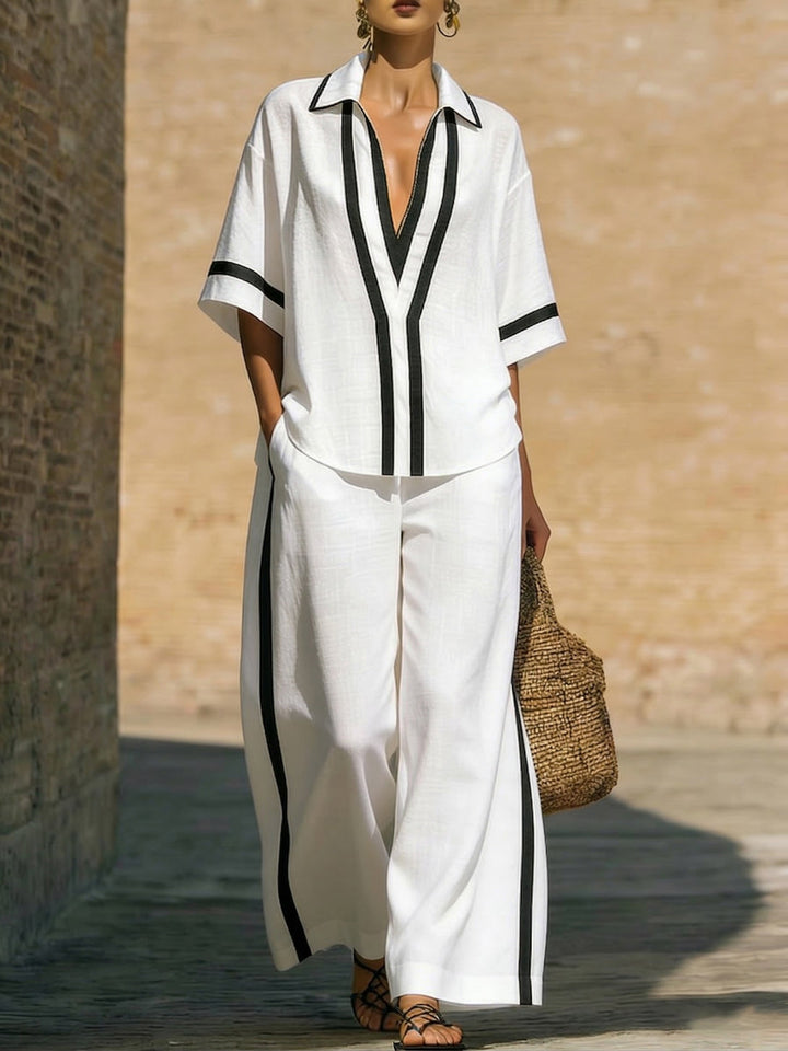 Women's Linen Two Piece Lounge Set Wide Leg Trousers V-Neck Shirt Top