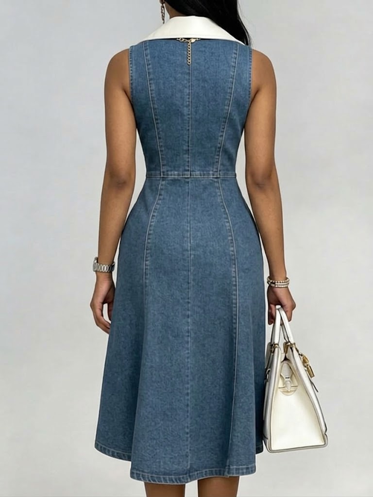 Women's Denim Lapel Collar Sleeveless Zip Front Fit and Flare Knee Length Dress