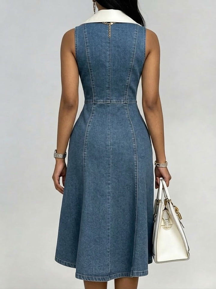 Women's Denim Lapel Collar Sleeveless Zip Front Fit and Flare Knee Length Dress