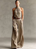 Women's Linen Halter Neck Wide Leg Jumpsuit