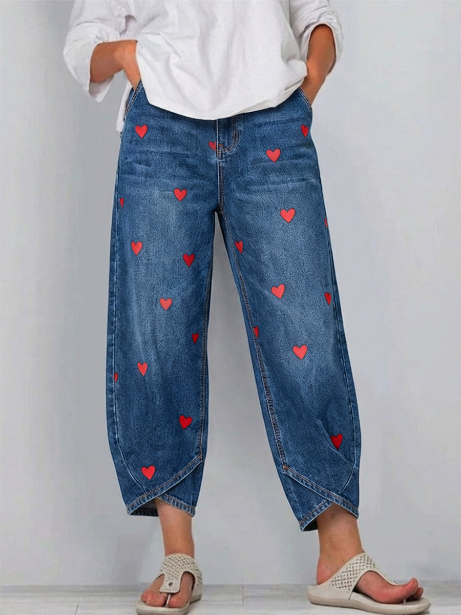 Women's Heart Print Loose-Fit Harem Denim Jeans