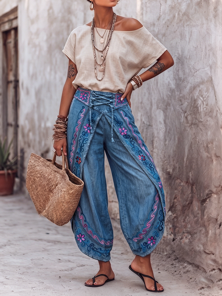 Women's Denim Wide Leg Boho Trousers Embroidered Hippie Harem Pants