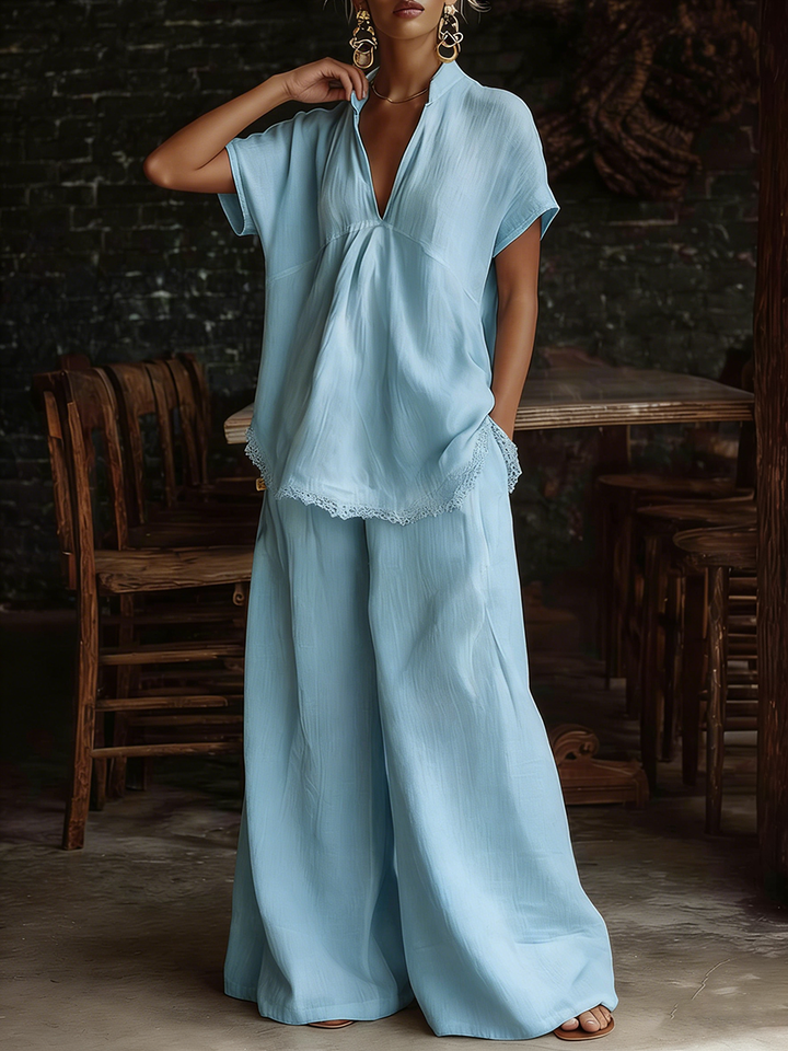 Women's Linen Two Piece Set Wide Leg Trousers and Short Sleeve Top Shirt