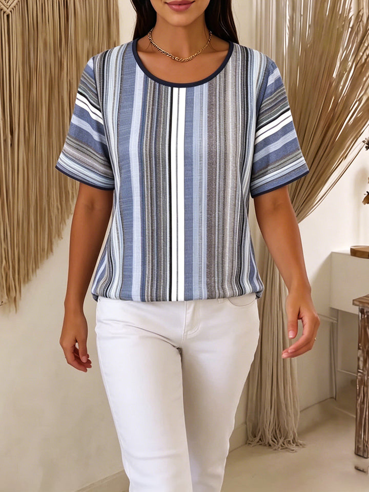 Women's Striped Knit T-Shirt Short Sleeve Linen Mix Top