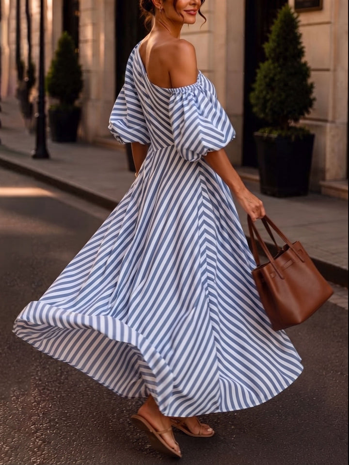 Women's One Shoulder Striped Knit Maxi Dress Puff Sleeve