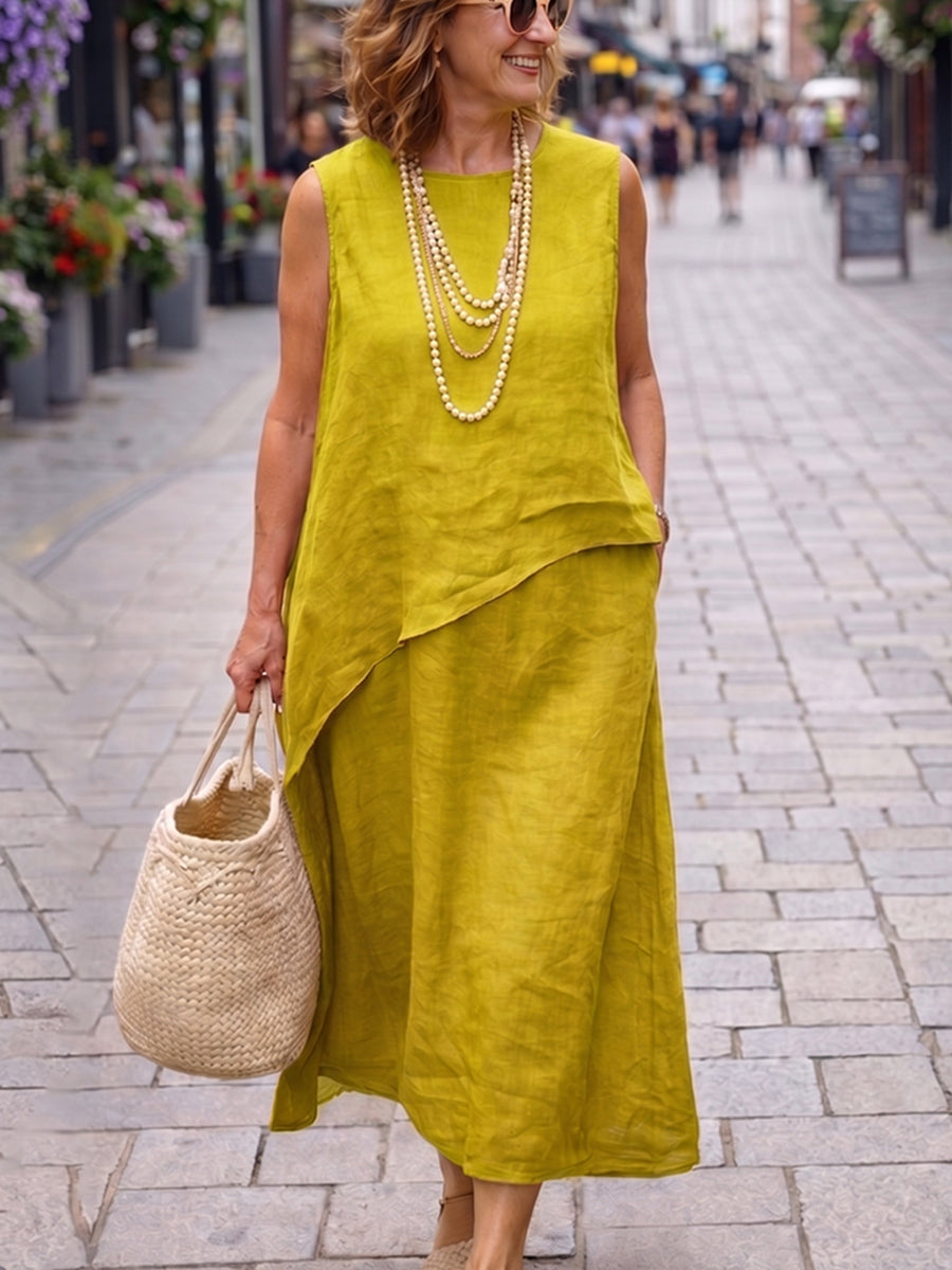 Women's Linen Maxi Dress Sleeveless Two Piece Set A-Line Sun Dress