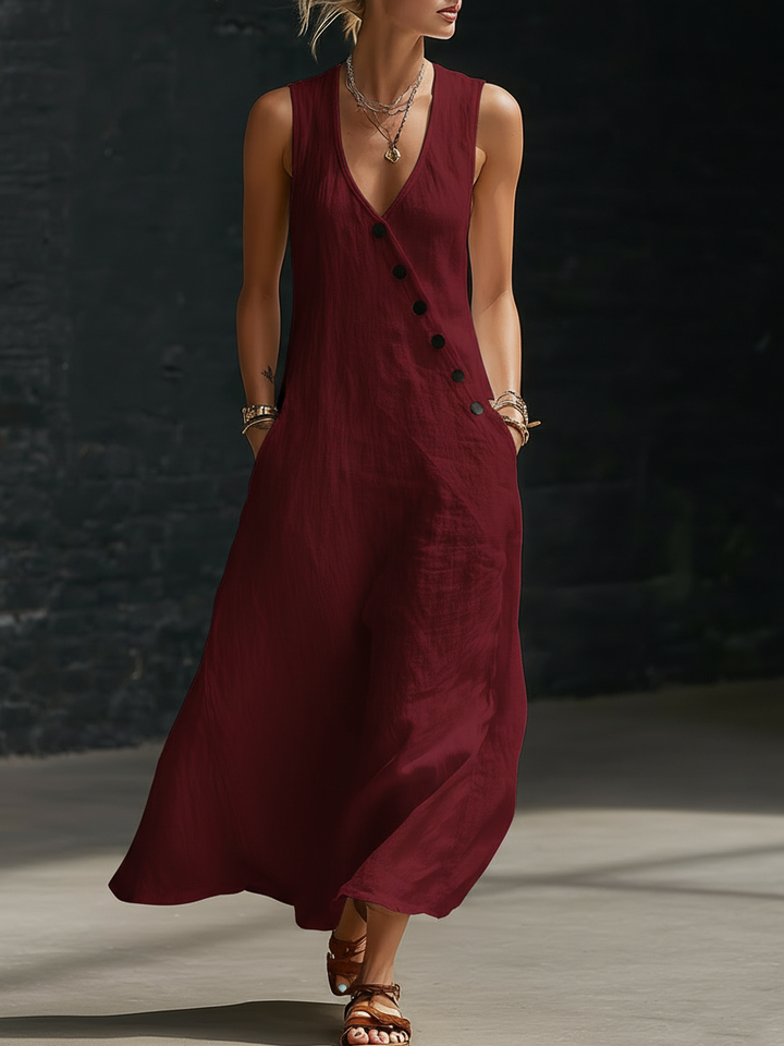 Women's Linen Sleeveless V-Neck Maxi Dress