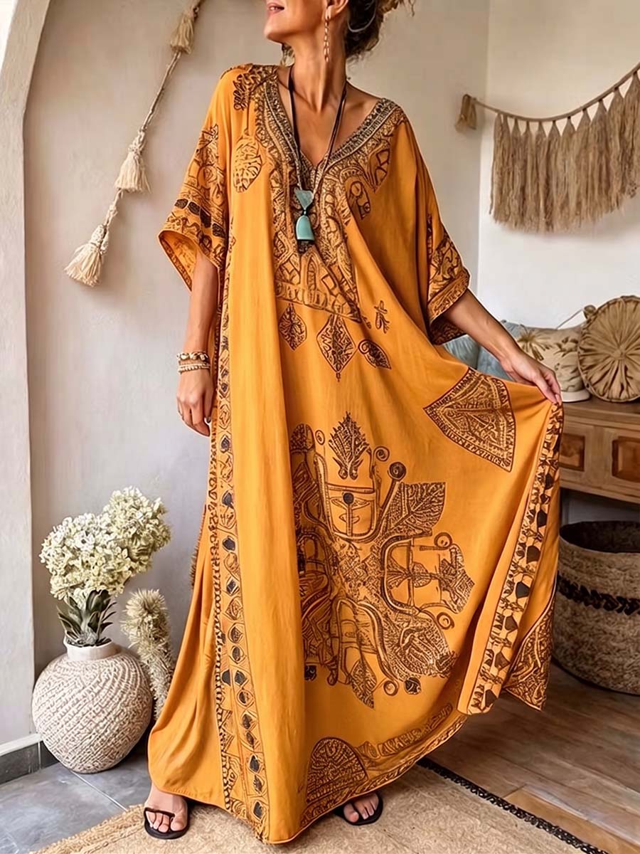 Women's V-Neck Three-Quarter Sleeve Placement Print Linen Kaftan Dress