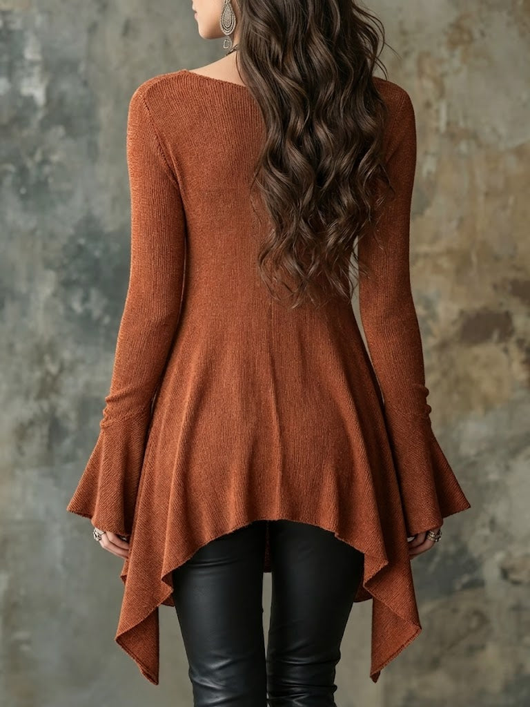 Women's Knit V-Neck Bell Sleeve Tunic Top