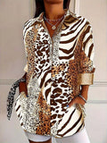 Women's Leopard Print Button-Down Long Sleeve Linen Blouse