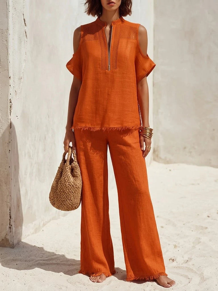 Women's Linen Blend Cold Shoulder Top and Wide Leg Pants Set