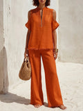 Women's Linen Blend Cold Shoulder Top and Wide Leg Pants Set