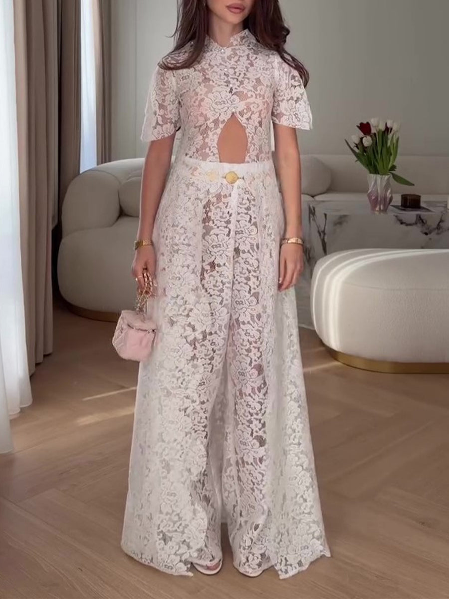 Women's Lace Two Piece Set High Neck Top and Wide Leg Trousers Outfit