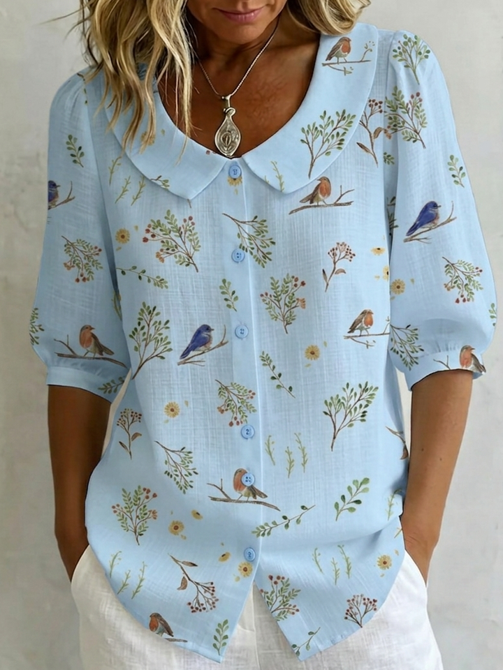Women's Linen Blouse Bird Print Button Up Shirt Top