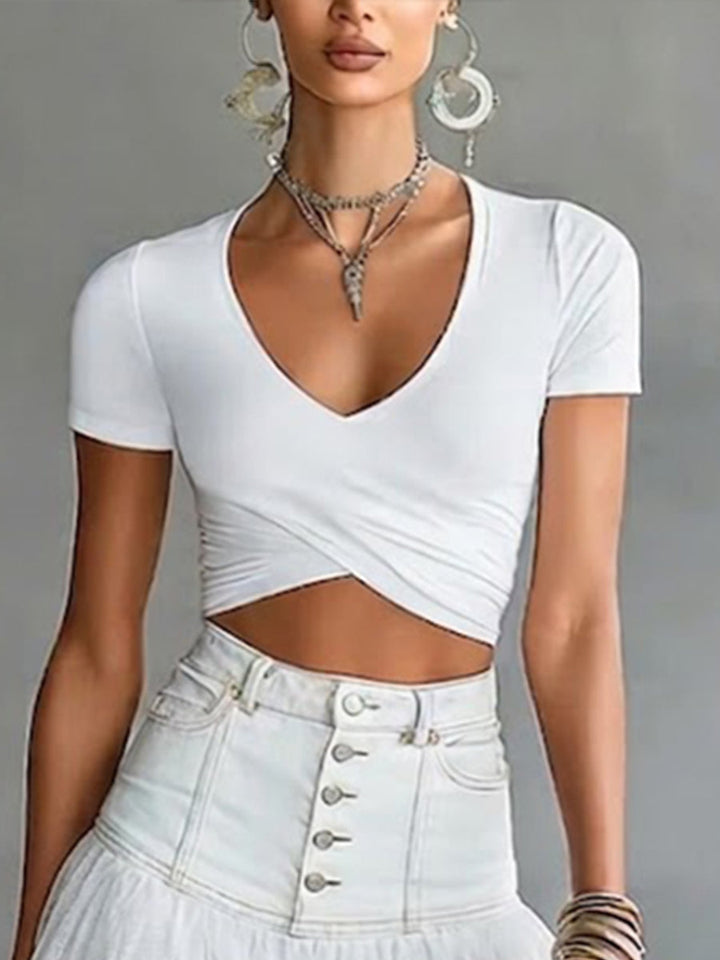 Women's V-Neck Wrap Front Short Sleeve Ribbed Knit Crop Top