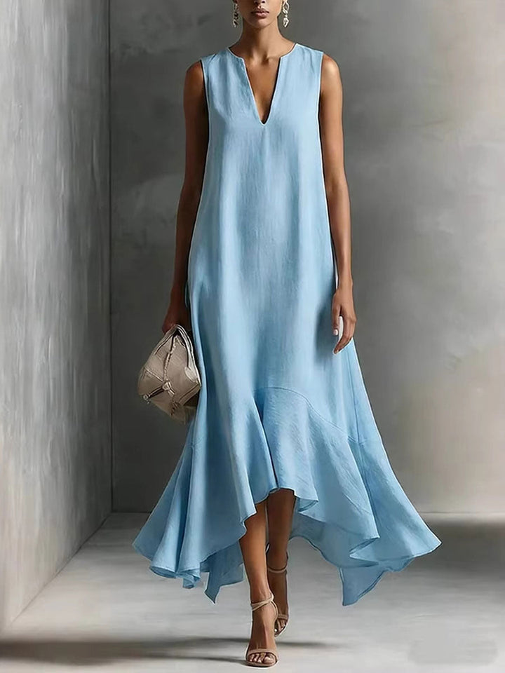 Women's Deep V-Neck Sleeveless Asymmetric Ruffle-Hem Linen Maxi Dress
