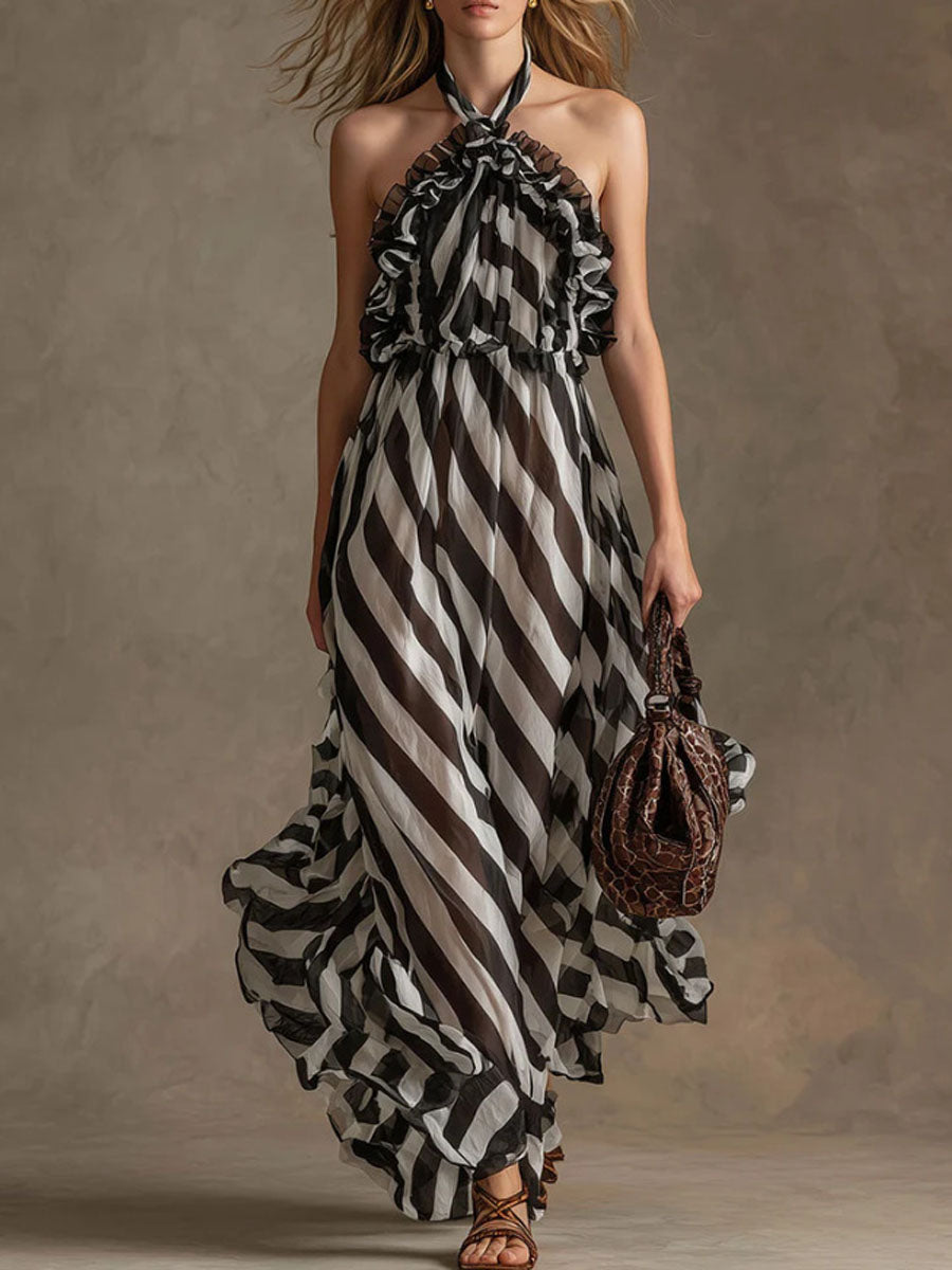 Women's Linen Striped Halter Neck Maxi Dress