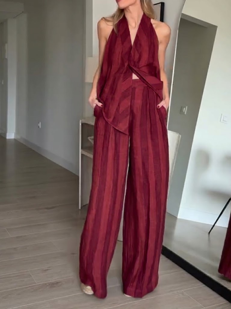 Women's Linen Two Piece Set Striped Backless Halter Top & Wide-Leg Pants